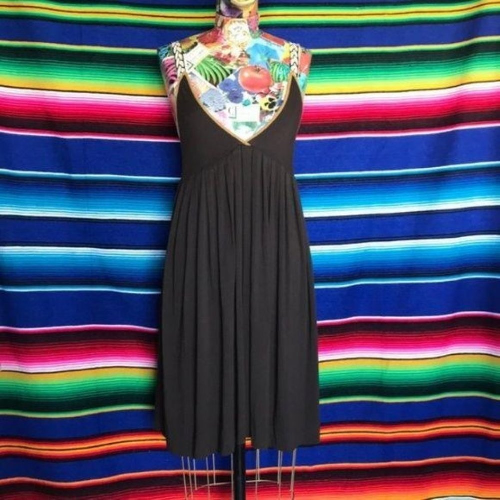 Vena Cava Pleated Silk Strap Pattern Backless Dres - image 1